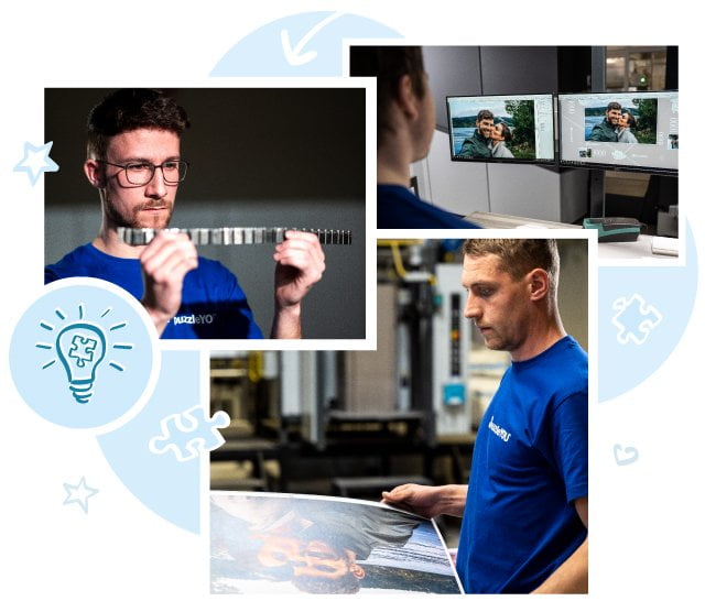 Un vrai travail d’artisan : nos collaborateurs lors de l’impression et du développement des outils de découpe des puzzles.